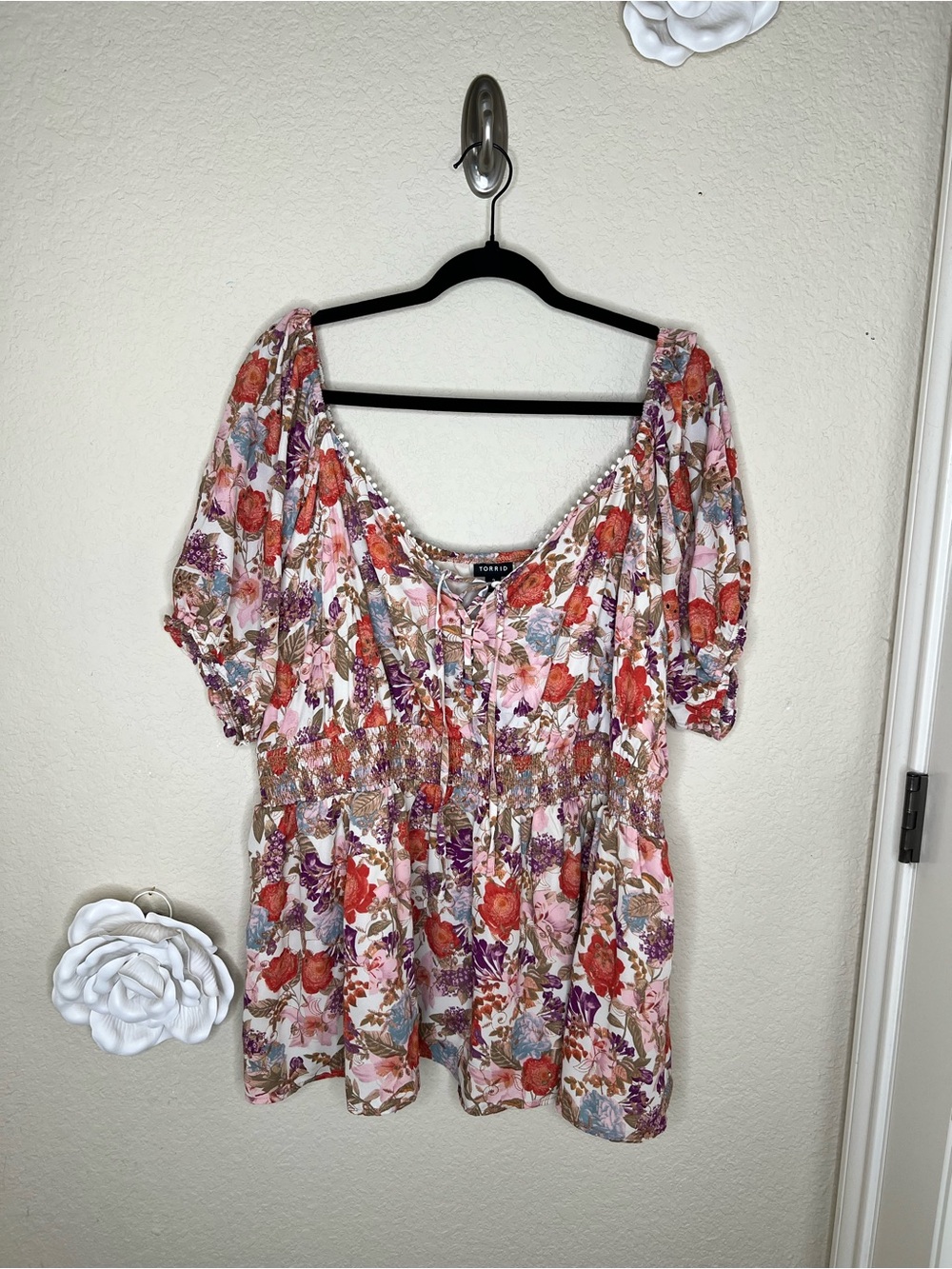 NTM: Torrid Floral Smocked Peplum Blouse Size 3 Boho Cottagecore Puff Sleeve